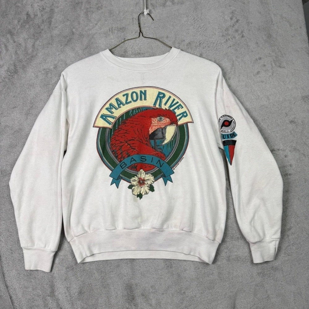 Vintage Amazon River Basin Sweatshirt Graphic Parrot Souvenir White L